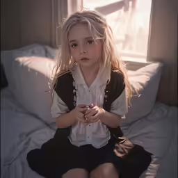 there is a young girl sitting on a bed holding a candle