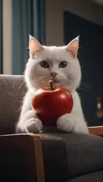 cat sitting on couch looking like a computer gadget eating an apple