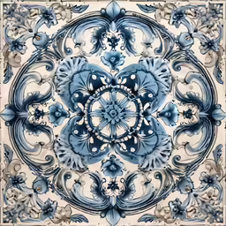 blue and white tile with an ornate pattern