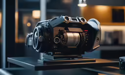 the small camera is sitting on a stand