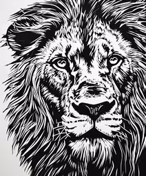 a lion in a black and white image,an artistic lion drawn in black and white