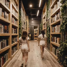 two women walking in between bookshelves on both sides