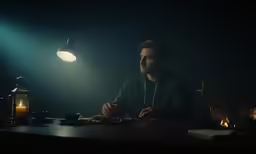 a man sitting at a table in front of a lit lamp