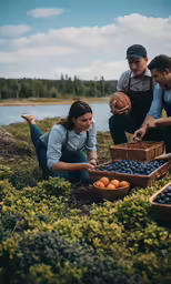 three people are picking berries and oranges on the ground