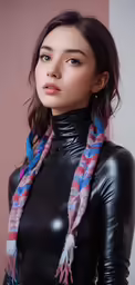 a girl in black leather clothing and pink scarf