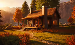 a small cabin is on the grass near the mountains,an old cabin is near some mountains