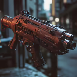 a large, futuristic machine gun sitting on top of a table