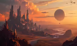 a view of a distant city with several different types of objects