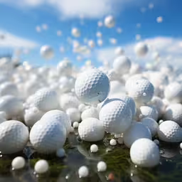 several golf balls are floating and floating on the surface,several white golf balls and a green sprout