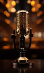 the microphone on the table is shiny and gold