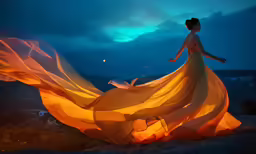 the woman is dancing with an orange dress