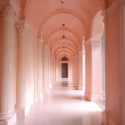 an empty hallway is shown with white pillars