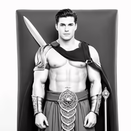 a man wearing an ancient costume and holding a sword