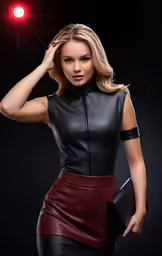 woman in leather dress with red light