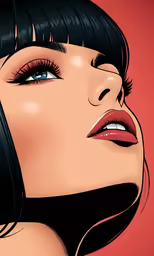 a woman with dark hair and red lipstick