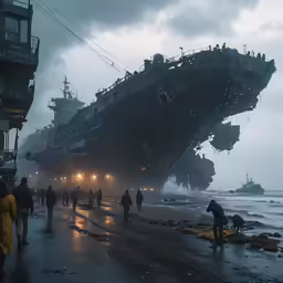 a large boat is on the water at night