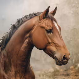 a horse standing in a field with dust behind it