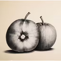 a black and white image of two apples