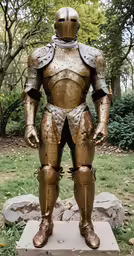a knight style suit made out of gold metal on a stone pedestal