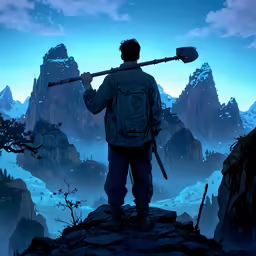 a man is holding a pick axe looking at the mountains