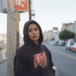 a woman is standing by a sign holding a book