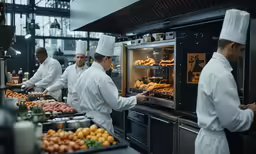 chefs preparing food at a commercial bakery in a large building