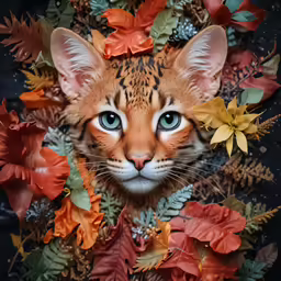 a cat with bright eyes is among the orange flowers