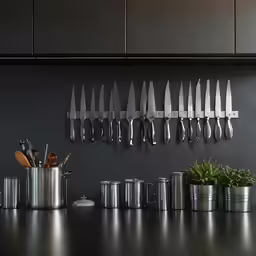 knives on the wall, utensils hanging and pots on the stove