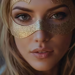 a woman wearing a masquerade with gold glitter and a golden mask