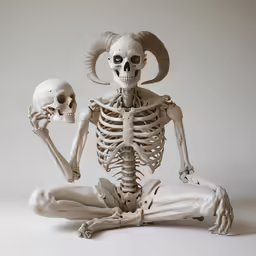 an artistic sculpture of a human skeleton sitting cross legged with an animal skull in its hand