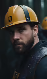 man wearing yellow hard hat and holding his head