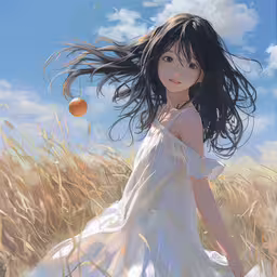 the asian girl is standing in the wheatfield with her hair blowing,a young woman in a white dress is running through a field