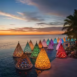 the water is lit with colorful lights along with many different colored lights