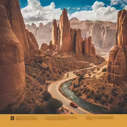 a scenic photo of a desert landscape with mountains, water and a red car on a paved road