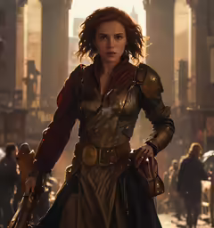 an image of woman in armor and holding two swords