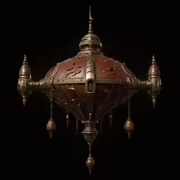 the large lamp shade is lit up against the black background