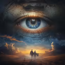 two people walking in a field under an eye