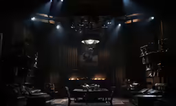 the lighting in the dark is illuminating off of the chair