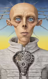 a close up of a person wearing a suit and holding an odd clock