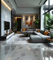 a modern living room has an l shaped couch