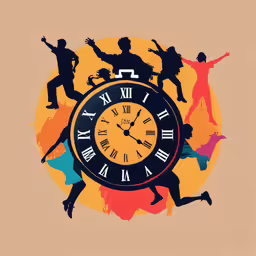 a clock with a group of people on it,silhouettes and shadows of children dancing around a clock