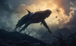 the giant monster flies in a very surreal sky