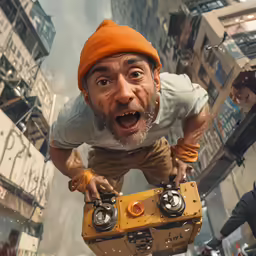 a man with an orange hat holding a toy camera