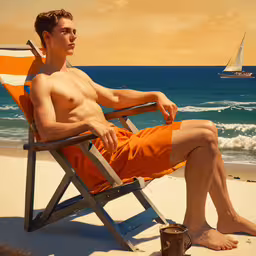 a man in orange swim trunks sitting on a beach chair near the water,a man in orange pants sits on an empty beach