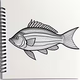 the drawing shows a black and white fish,a drawing of a fish on a white paper,a drawing of a fish swimming out from the water,black and white picture of a fish, showing its fins,a drawing of a fish on top of a book