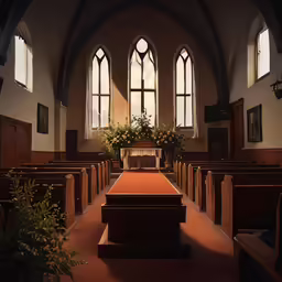 a church pews with red cloth on the seats