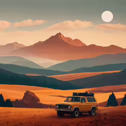 a truck traveling across an empty mountain range,an art work showing the truck in the middle of a mountainous field