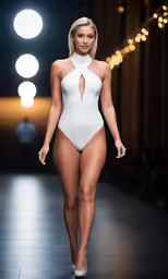 a woman is wearing a white bodysuit on a runway