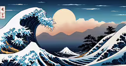a painting with the waves in it,a large painting of waves in the sky