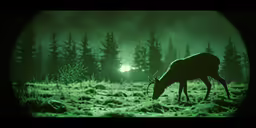 some deer in the grass and lights in the background